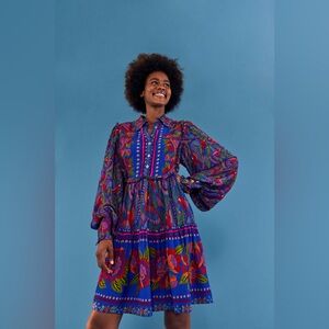 FARM Rio blue macaw flight long sleeve mini dress - medium